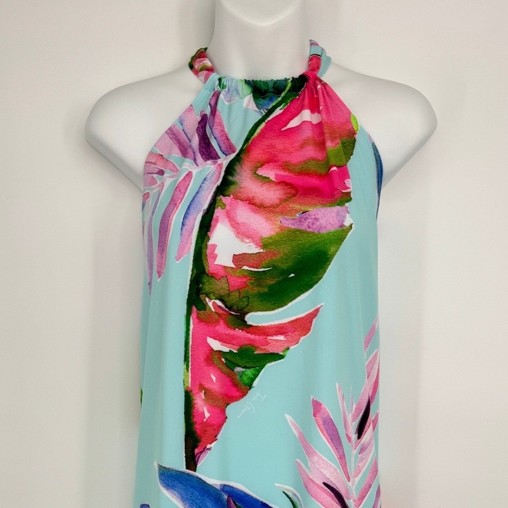 Tara Grinna Halter Dress Large Blue Tropical Floral Palm Leaf Beach Vacation - Picture 2 of 10